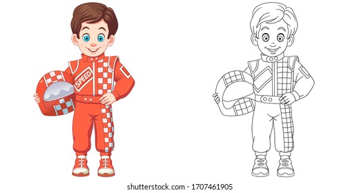 Cute auto car racer. Coloring page and colorful clipart character. Cartoon design for t shirt print, icon, logo, label, patch or sticker. Vector illustration.