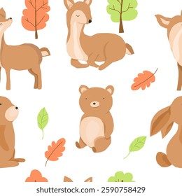 Cute Autumn Animal Illustration Seamless Pattern