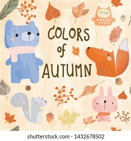 Cute autumn animal seamless pattern, teddy bear, rabbit bunny ,fox ,owl ,squirrel and flower and leaves, watercolor technique by freehand by doodle comic art, for textile printed or celebrated card 