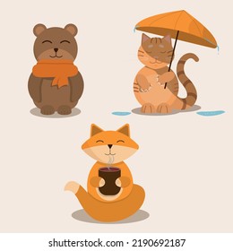 Cute autumn animal set.  Vector illustrations of a cat, a fox and a bear
