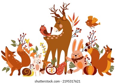 Cute Autumn Animals, Funny deer, cunning fox, mouse, fly bird, cute squirrel, and colorful pumpkin, leaves. Perfect for web, harvest festival, banner, poster, card and Thanksgiving. Vector.