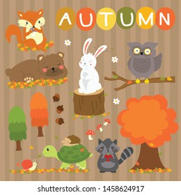 Cute autumn animals and trees vector collection. Autumn season animals cartoon illustration