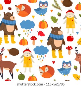 Cute autumn animals and various objects. Colored vector seamless pattern