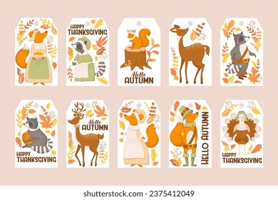 Cute autumn animals vector tags collection with hand drawn animals, leaves and letterings isolated on white background. Illustration set for gift tags print, greeting cards, banners