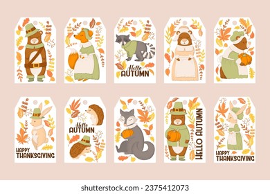 Cute autumn animals vector tags collection with hand drawn animals, leaves and letterings isolated on white background. Illustration set for gift tags print, banners, greeting cards