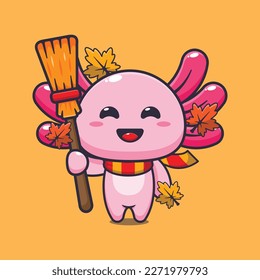 Cute autumn axolotl holding broom cartoon vector illustration.