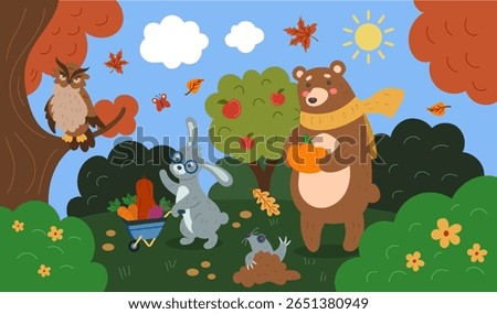 Cute autumn background. Animals with fall harvest. Cozy nature. Cartoon landscape. Bear with pumpkin. Rabbit carrying vegetables. Owl on tree branch. Happy kid characters. Vector season tidy holiday