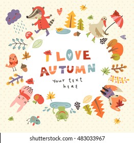 Cute autumn background with the characters . Vector illustration with cute animals