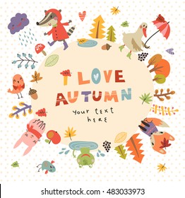 Cute autumn background with the characters . Vector illustration with cute animals