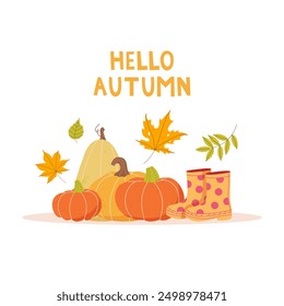 Cute autumn background with pumpkins, leaves