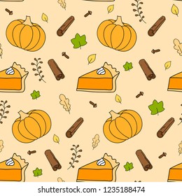 Cute autumn background seamless pattern with pumpkin, falling leaves, pumpkin pie and spices like as cinnamon and cloves. Vector image.