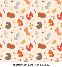 Cute autumn background. Seamless pattern with forest animals and autumn leaves on white background. Illustration in flat style. Vector 8 EPS.