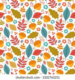 Cute autumn background. Seamless vector pattern with falling leaves, acorns, berries and flowers.