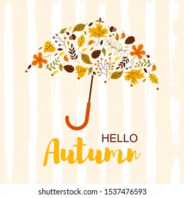 Cute Autumn background. Umbrella of leafs. Hello autumn poster with umbrella and autumn leafs n scandinavian style. Background for desing. Vector Illustration.