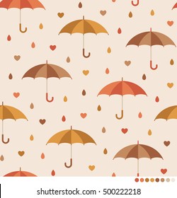 Cute autumn background with umbrellas, raindrops and hearts vector pattern.