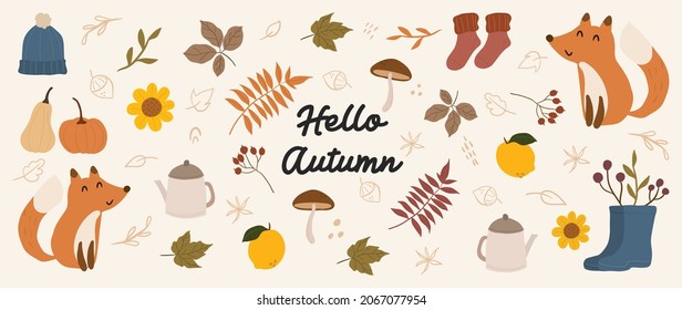 Cute autumn background vector. Autumn shopping event illustration wallpaper with hand drawn icons set. This design good for banner, sale poster, packaging background and greeting card.