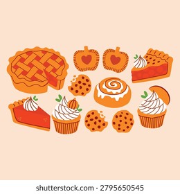 Cute autumn bakery dessert collection featuring pies, cupcakes, cookies, cinnamon rolls, and seasonal sweet treats. Colorful flat illustration set perfect for fall harvest, Thanksgiving, bakery menus, food packaging, and seasonal decorations.