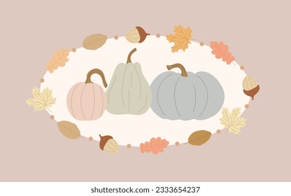 Cute autumn banner in pastel colors. A variety of pumpkins in an oval frame decorated with nuts and leaves. Seasonal harvesting. Autumn holiday. Label design, posters, invitations.