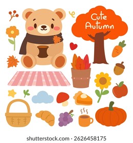 Cute Autumn Bear Clipart, Cozy Fall Picnic Vector Illustration. Kawaii Fall Season Elements with Bear and Leaves, Vector Set.