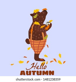 Cute autumn bear covered in fallen autumn leaves with a cup of coffee, Hello Autumn, fall. Vector, illustration isolated flat cartoon style