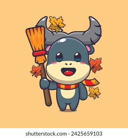 Cute autumn buffalo holding broom. Mascot cartoon vector illustration suitable for poster, brochure, web, mascot, sticker, logo and icon.