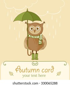 Cute autumn card. Banner with funny owl in green and white striped scarf and boots with umbrella. Background with rain clouds in beige colors. 