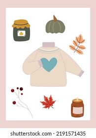Cute autumn card with fall elements. Vector icons. Flat autumn images. The picture shows a sweater, a jar with mushrooms, leaves, a dried flower and a candle. Perfect for scrapbooking.