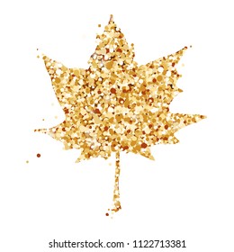 Cute autumn card with cute maple leaf. Banner, icon, or sale poster. Gold glitter design on the white background. Vector illustration