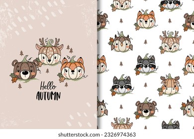 Cute Autumn Card and Seamless Pattern, funny pimpkins with animal faces