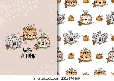 Cute Autumn Card and Seamless Pattern, funny pimpkins with animal faces