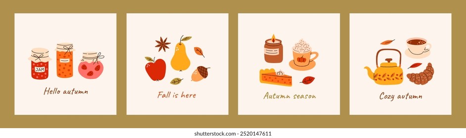 Cute autumn card set. Cozy fall stickers. Autumn leaves, pumpkin pie, candle, teapot, hot chocolate, coffee, croissant, jam. Hygge inspiration, lovely phrases, seasonal vibe. Vector flat illustration.