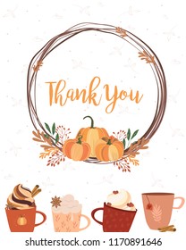 Cute autumn card. Thank you card. Thanksgiving day invitation or greeting card. Editable vector illustration