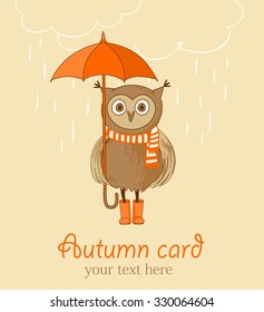 Cute autumn card.Banner with funny owl in orange and white striped scarf and boots with umbrella. Background with rain clouds in beige colors.