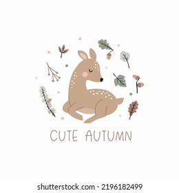 Cute Autumn. Cute cartoon fawn in forest. little deer and leaves, branches, cones, acorns - vector illustration