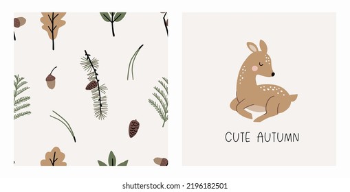 Un otoño. Caricatura fina en el bosque. venado pequeño y hojas, ramas, conos, bellotas - ilustración vectorial