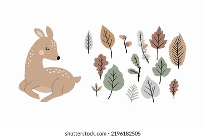 Cute Autumn. Cute cartoon fawn in forest. little deer and leaves, branches, cones, acorns - vector illustration