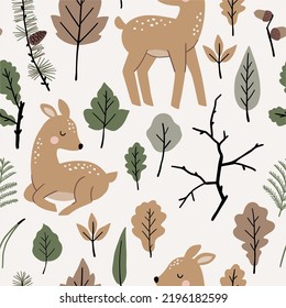 Cute Autumn. Cute cartoon fawn in forest. little deer and leaves, branches, cones, acorns - vector seamless pattern