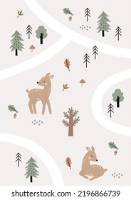 Cute Autumn. Cute cartoon fawn in forest. little deer and leaves, branches, cones, acorns - vector illustration