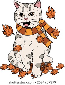 Cute autumn cat, decorated with dry autumn leaves