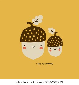 Cute autumn character - acorn mom and baby. Avesome autumn vector illustrations