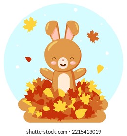 Cute autumn character bunny in leaves vector illustration