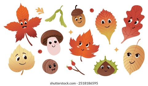 Cute autumn characters. Leaves, mushroom, nuts. Funny anthropomorphic faces. Vector colorful illustration set.