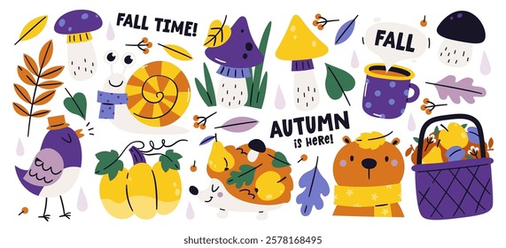 Cute autumn characters, natural elements and seasonal accessories charming childish collection. Lovely bird singing, snail crawling, hedgehog carrying mushrooms, funny bear animal vector illustration