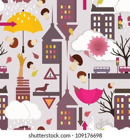 Cute autumn city background. Rainy day in city - funny seamless pattern for kids