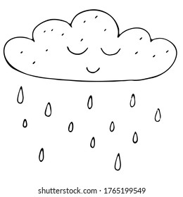 cute autumn cloud with raindrops, freehand drawing, vector set in doodle style, coloring book, black outline