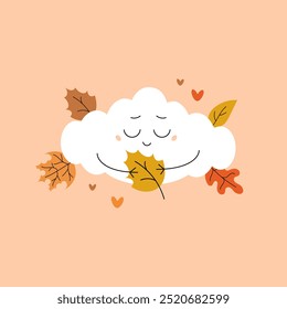 Linda nube de otoño con una cara sonriente sosteniendo una hoja de otoño. Ilustración vectorial