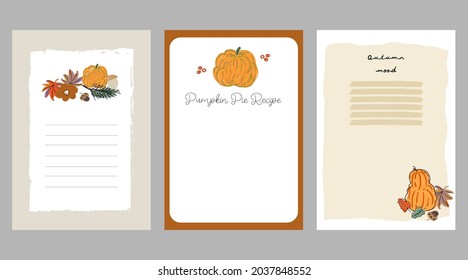 Cute autumn collection card templates, greeting card set, notepads, fall harvest season cartoon illustration clipart with different decoration elements. Thanksgiving holiday set