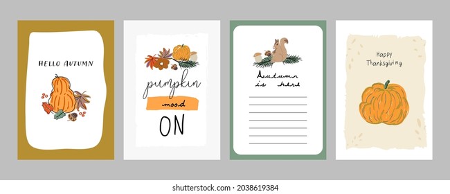 Cute autumn collection card templates, greeting card set, notepads, fall harvest season cartoon illustration clipart with different decoration elements. Thanksgiving holiday set