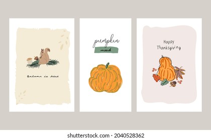 Cute autumn collection card templates, greeting card set, notepads, fall harvest season cartoon illustration clipart with different decoration elements. Thanksgiving holiday set