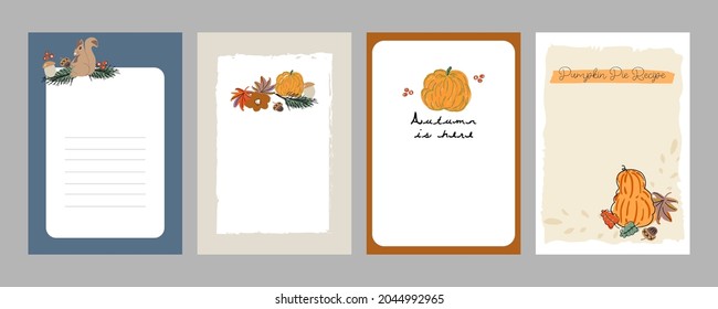 Cute autumn collection card templates, greeting card set, notepads, fall harvest season cartoon illustration clipart with different decoration elements. Thanksgiving holiday set